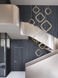 Asymmetrical Bola Halo LED Staircase Chandelier in Black/Gold for Split Level Entryway