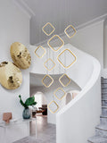 Asymmetrical Bola Halo LED Staircase Chandelier in Black/Gold for Split Level Entryway