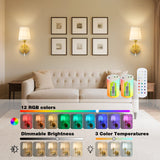 Battery Operated Wall Sconce Set of 2, 10000 Mah Rechargeable Wall Sconces Dimmable 12 RGBS,Remote Wireless Sconces,Gold Sconces Wall Decor Set of 2 Fabric,Cordless Wall Lamp for Bedroom,Living Room